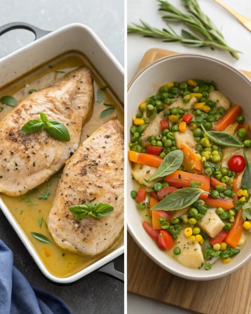 Seasoned baked chicken and creamy vegetable filling for pot pie