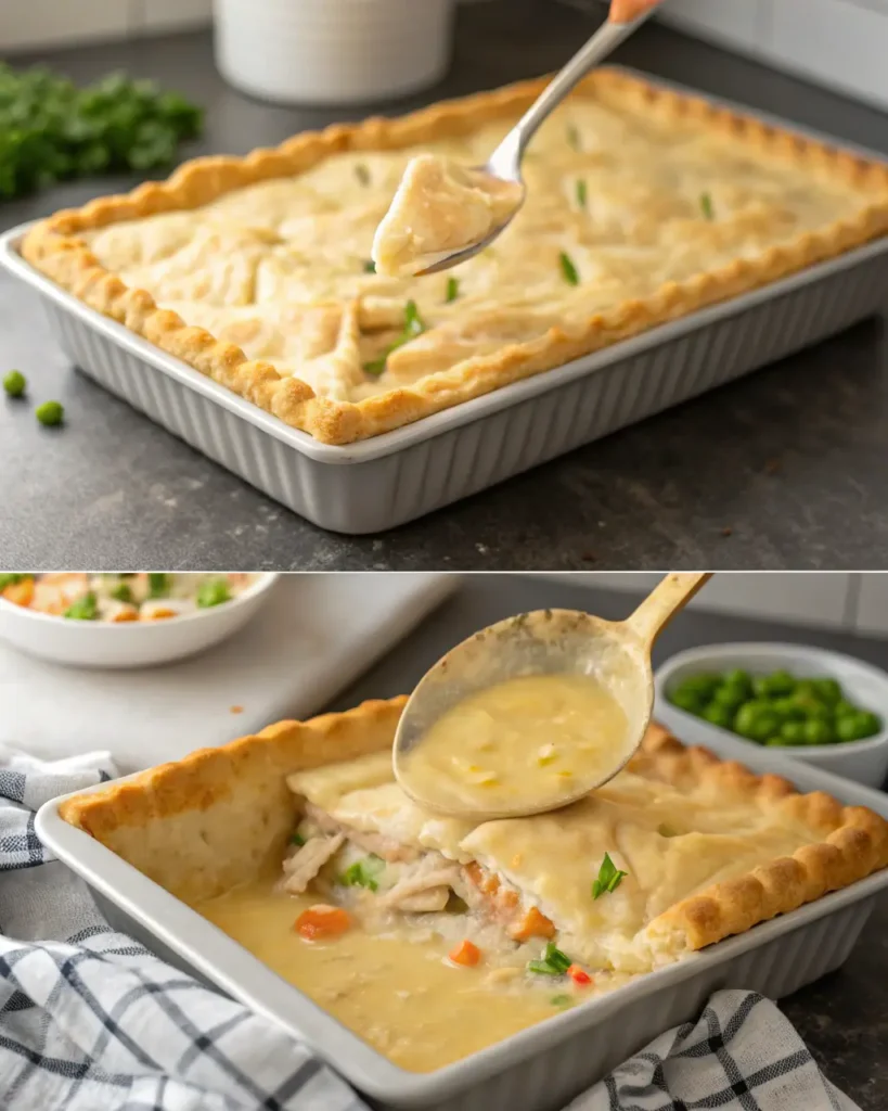 Serving perfect chicken pot pie from a golden-baked rectangular dish