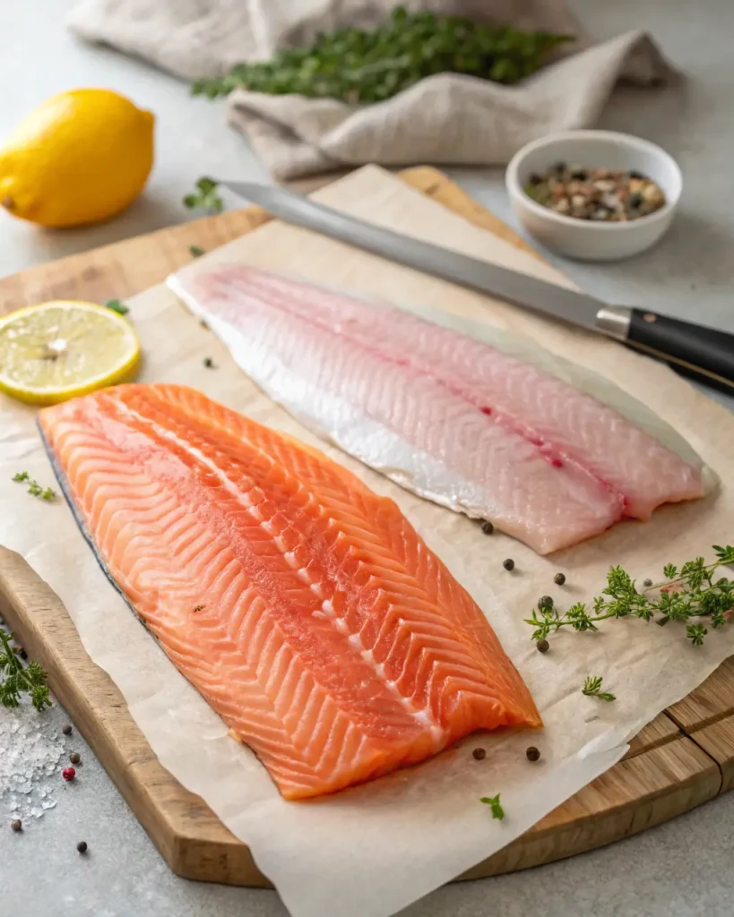 Two raw fish fillets—one vibrant steelhead trout, one pale trout—resting on parchment paper.
