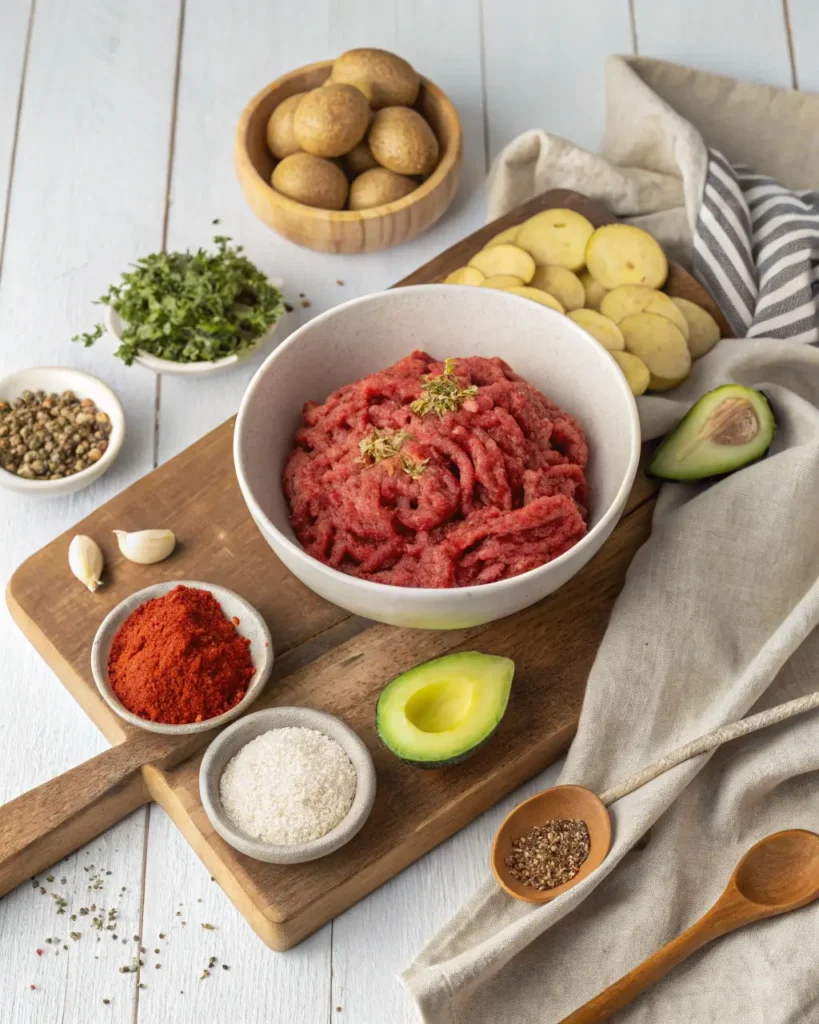 Raw ground beef in a bowl surrounded by spices, herbs, avocado, and baby potatoes.