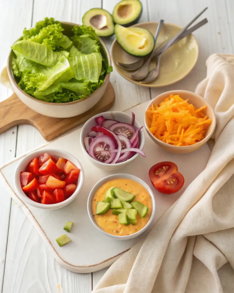 Alt Text:
Fresh burger bowl toppings including lettuce, avocado, onions, cheese, tomatoes, and sauce.