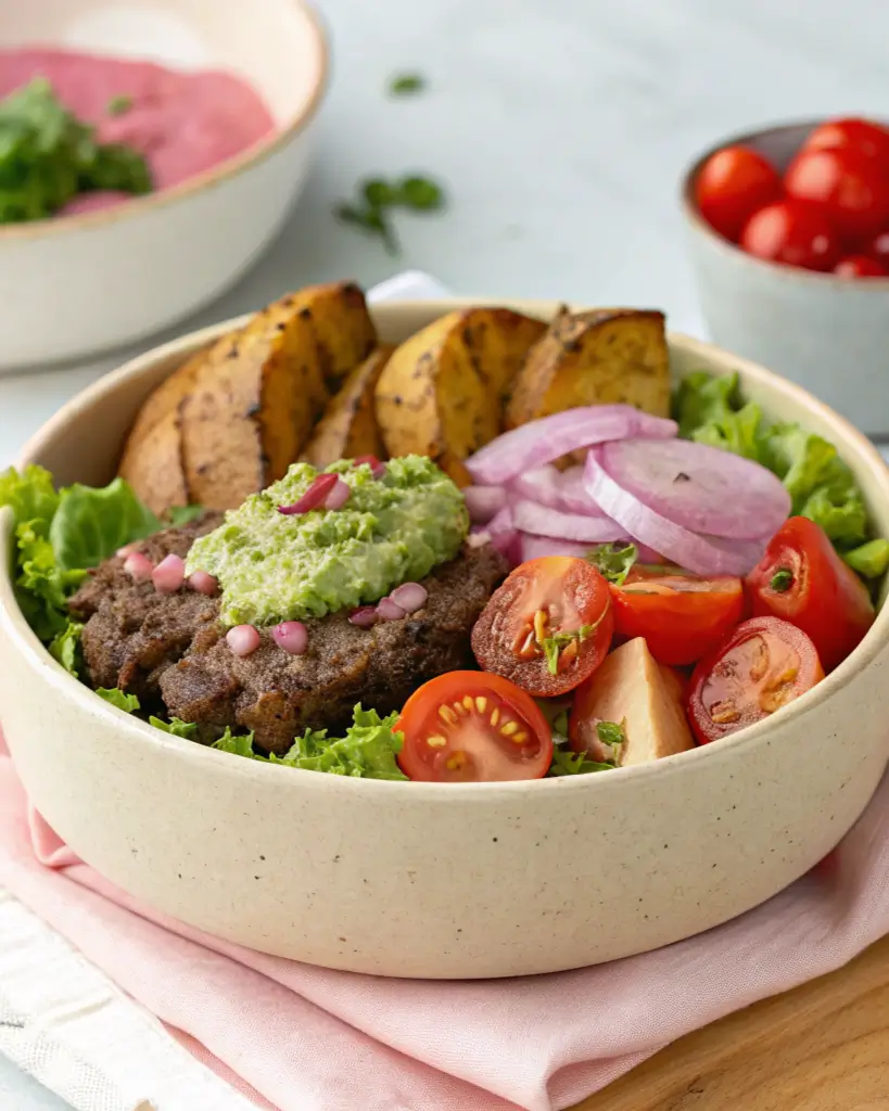 Crave burger bowl recipe A healthy burger bowl with grilled patty, roasted potatoes, guacamole, onions, and tomatoes.