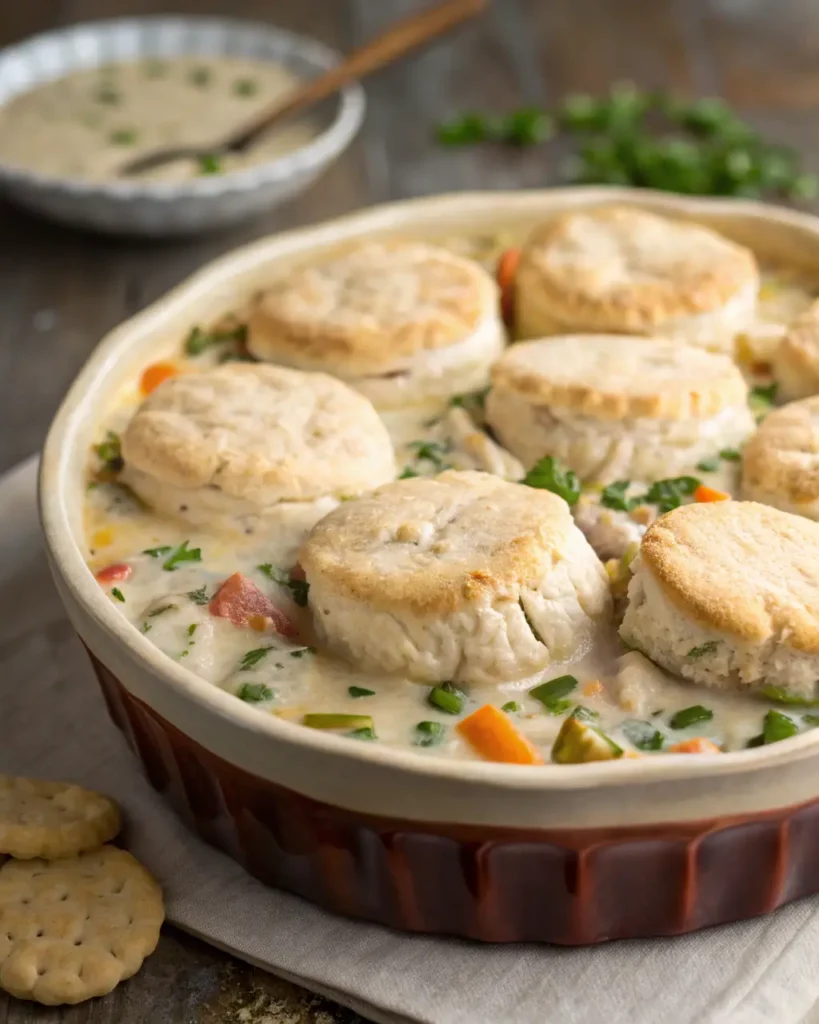 Creamy chicken pot pie filling simmering in skillet with vegetables