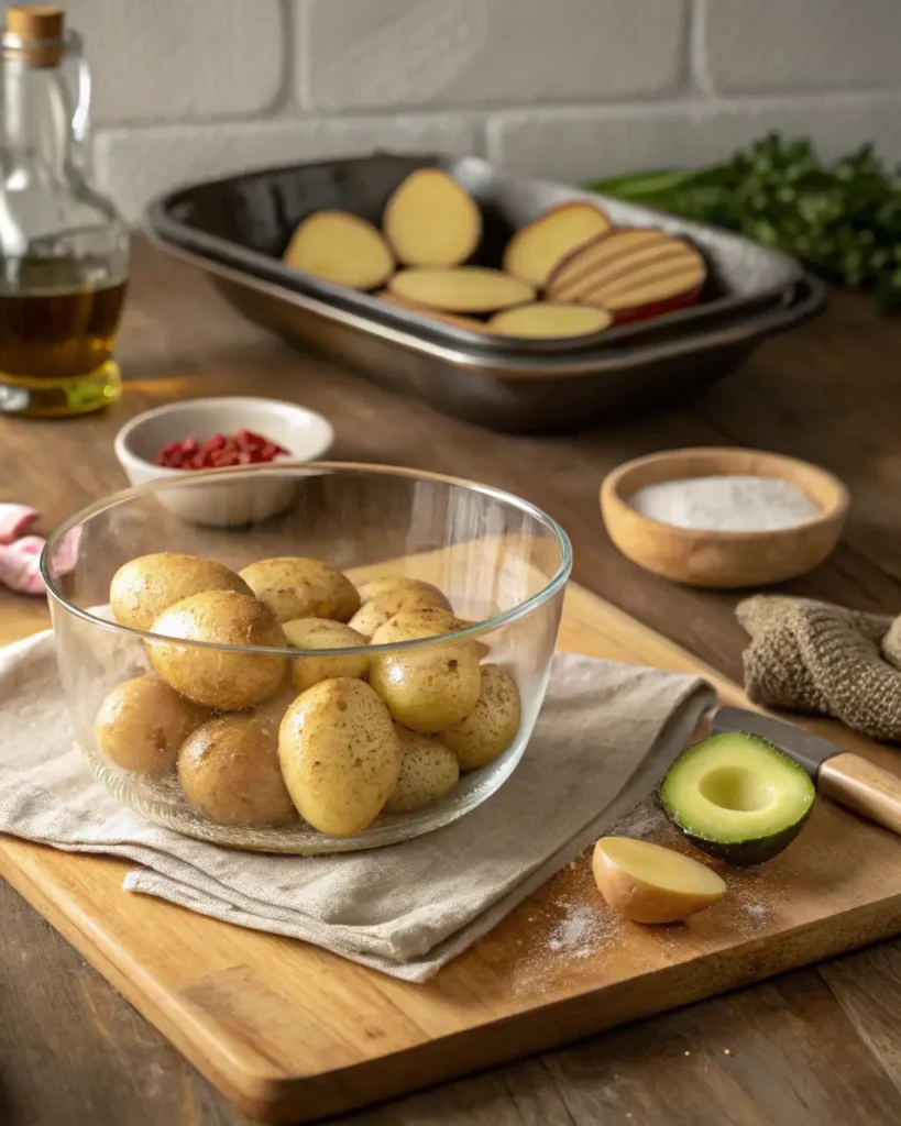 A glass bowl of baby potatoes with sliced ones on a tray, ready for roasting.