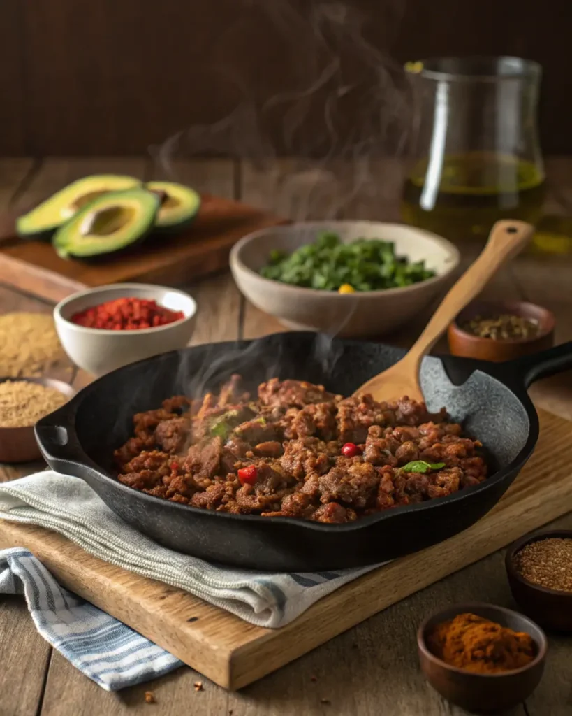 Alt Text:
Seasoned ground beef sizzling in a cast iron skillet with steam rising.
