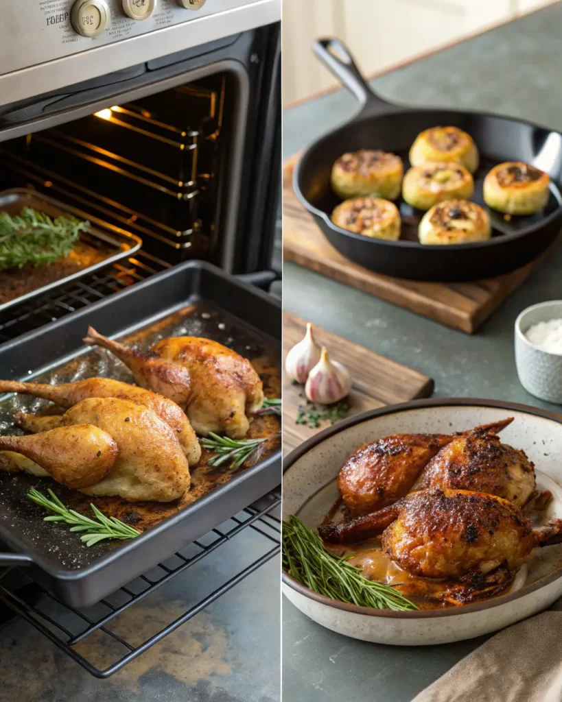 Roasted quail in the oven and served crispy on a plate with rosemary and garlic.