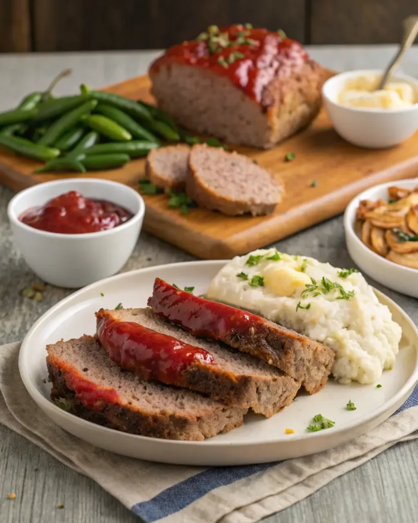 Plate of sliced meatloaf with mashed potatoes and green beans, with more food in the background.
