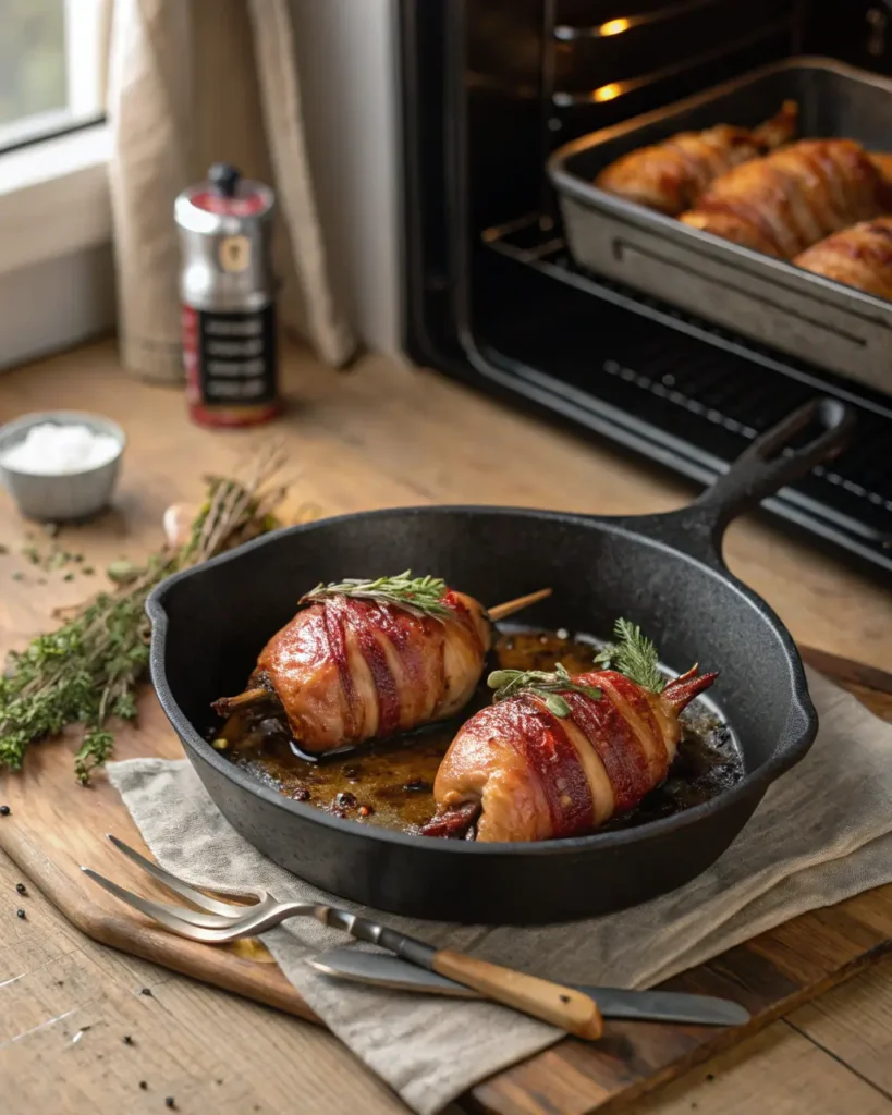Freshly roasted bacon-wrapped quail breasts resting in a skillet beside an open oven.