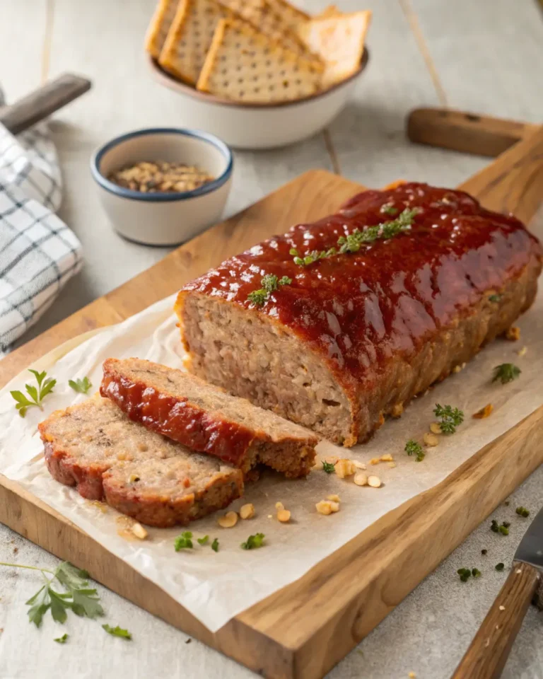 Sliced glazed meatloaf on a wooden board with crackers and seasoning nearby.
