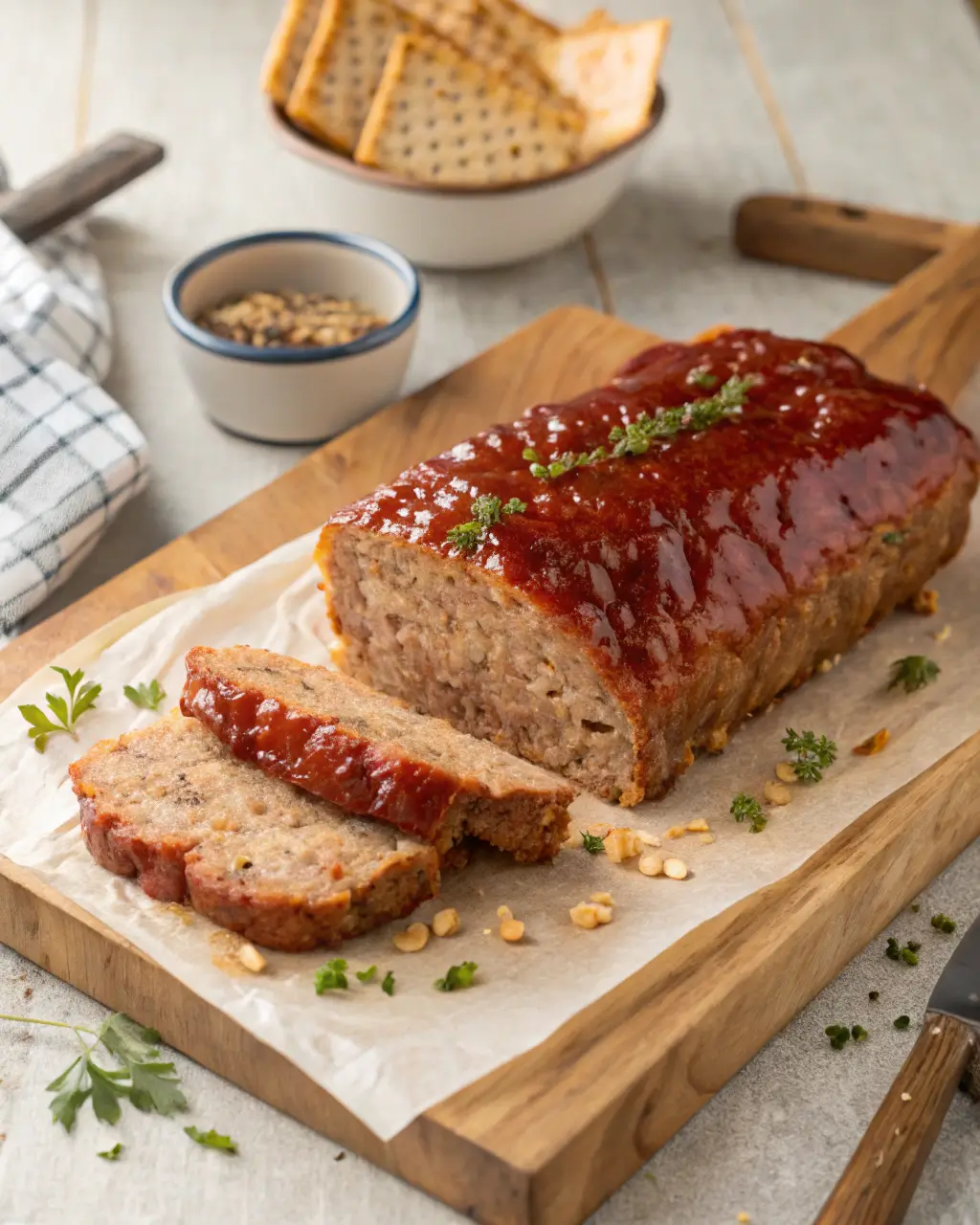 Sliced glazed meatloaf on a wooden board with crackers and seasoning nearby.