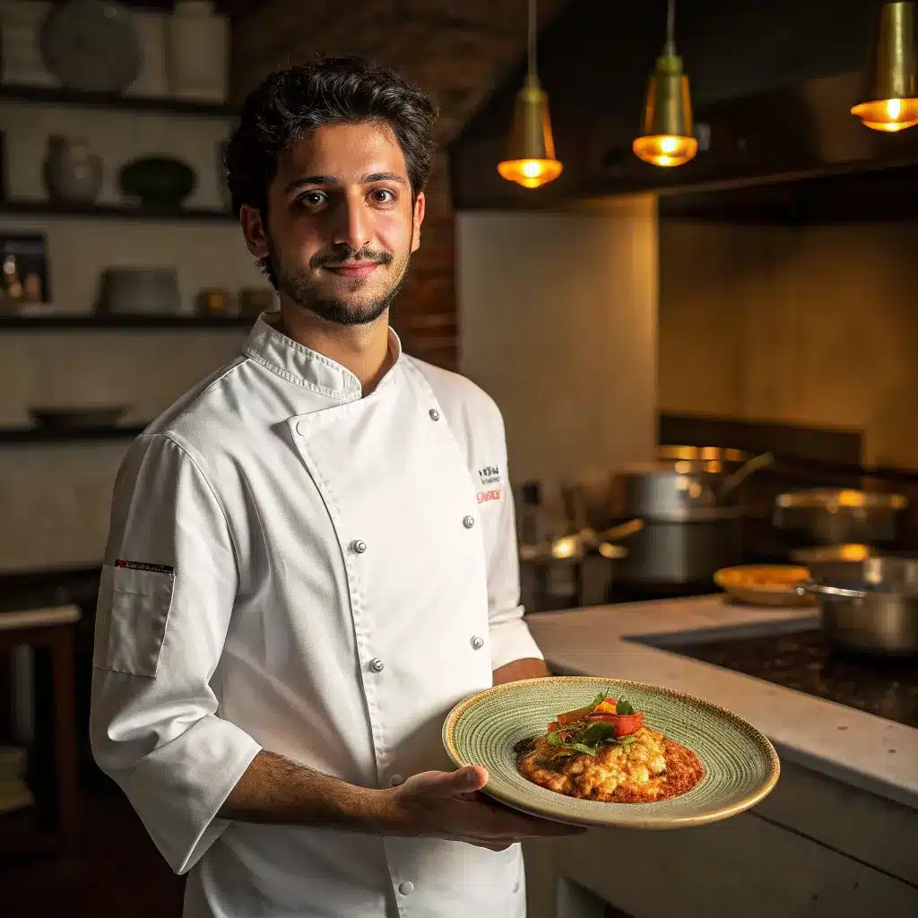 Chef Emilio in white uniform presenting a gourmet dish in a professional kitchen