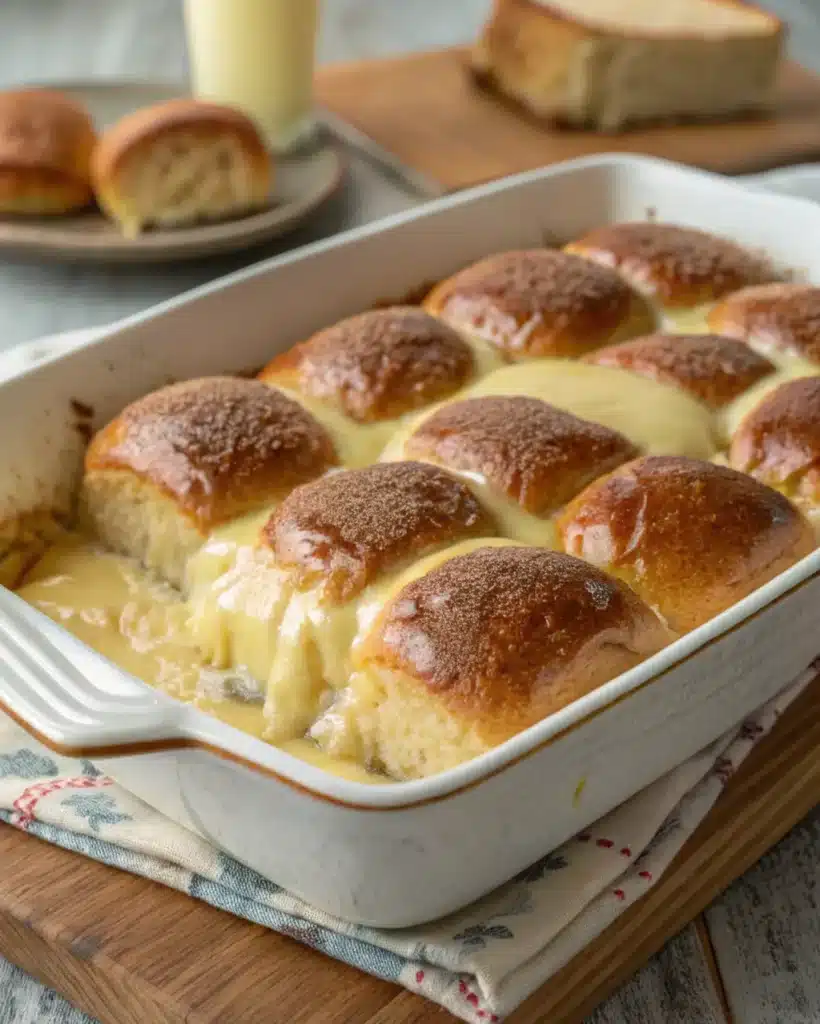 Baked Hawaiian Roll French Toast casserole with golden tops and creamy custard