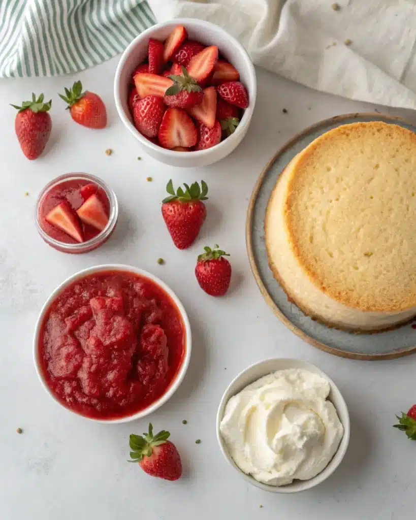 Ingredients for strawberry shortcake layer cake with sponge, cream, and berries