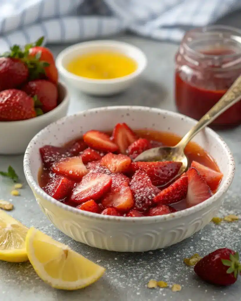 Bowl of macerated strawberries with lemon and jam