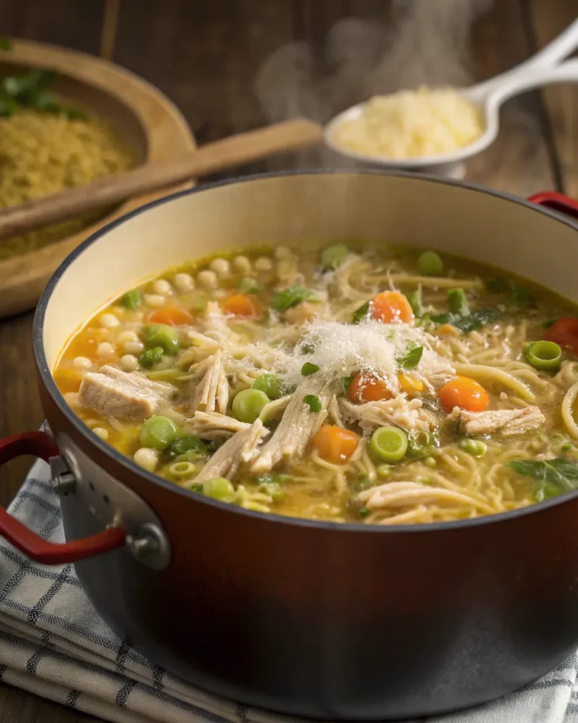 Pot of chicken pastina soup with peas, carrots, shredded chicken, and Parmesan