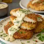 Sliced crispy Parmesan crusted chicken topped with creamy garlic sauce