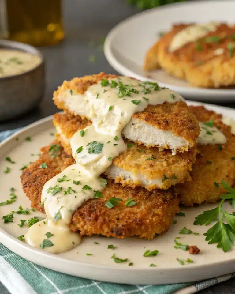 Sliced crispy Parmesan crusted chicken topped with creamy garlic sauce