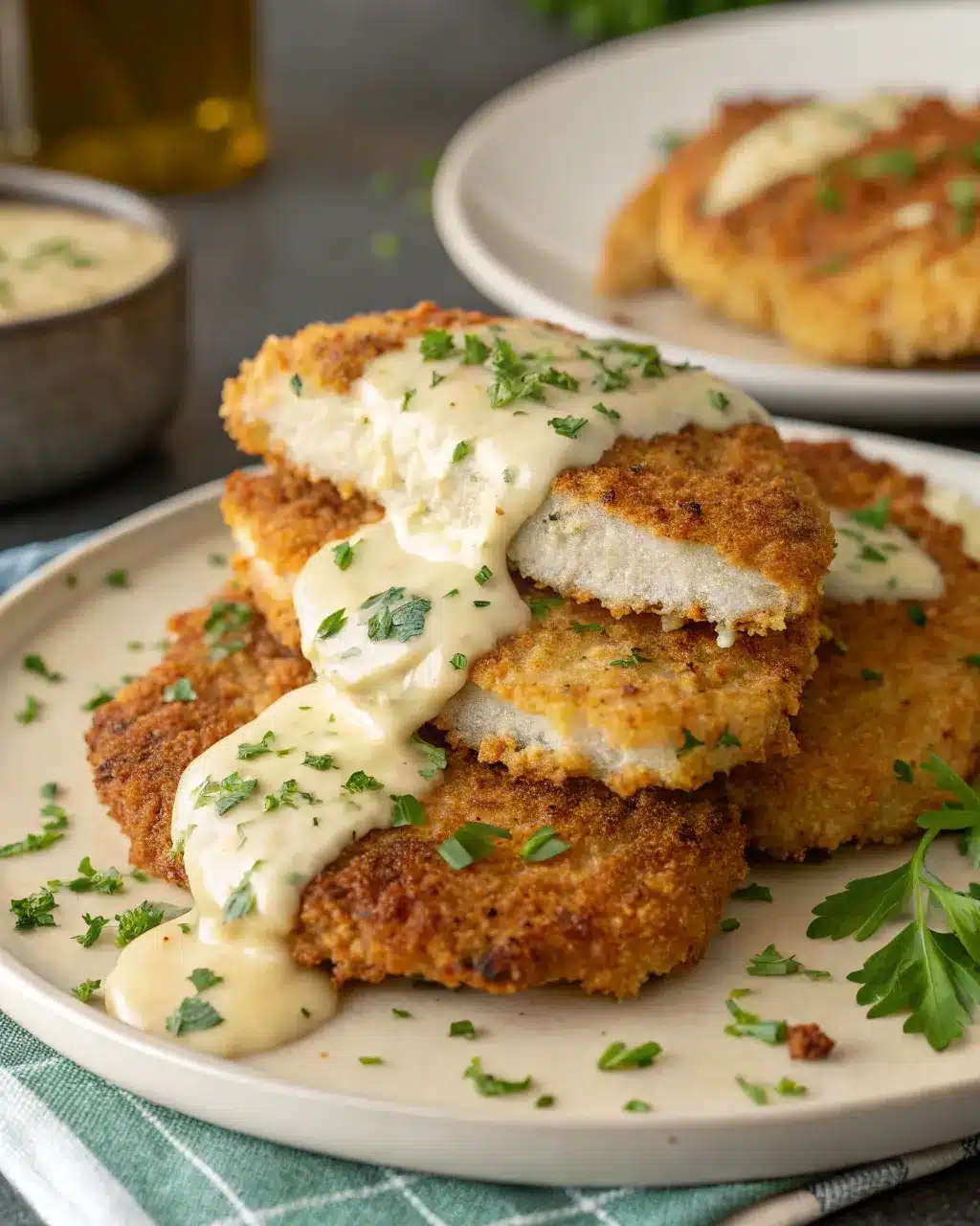 Sliced crispy Parmesan crusted chicken topped with creamy garlic sauce