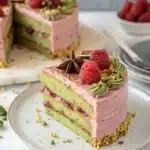 Decorated slice of pistachio raspberry cake with pink frosting and raspberries