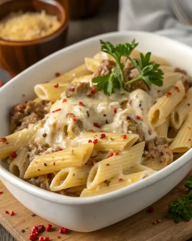CHEESY PENNE WITH GARLIC BUTTER GROUND BEEF