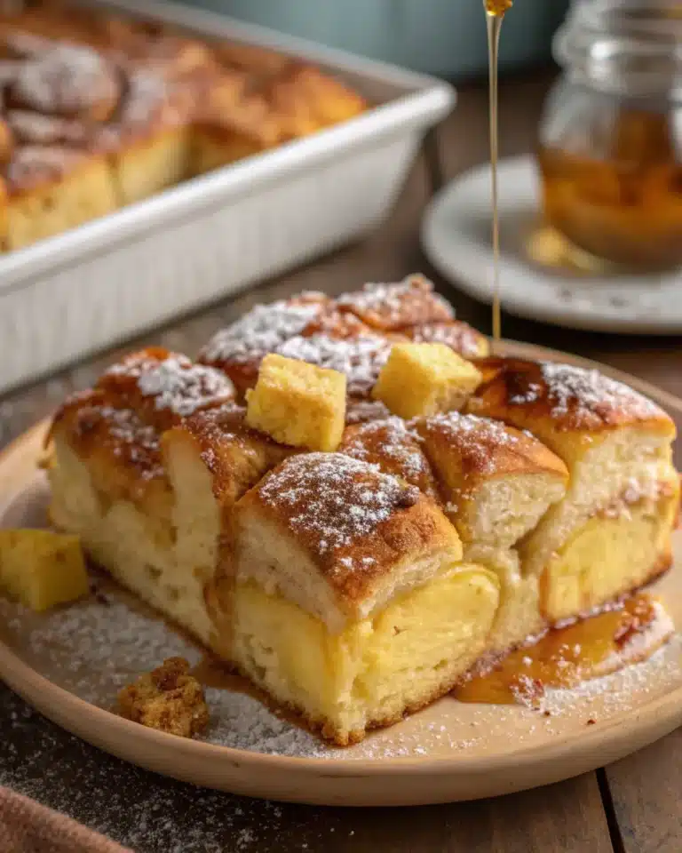 Plated Hawaiian Roll French Toast with powdered sugar and syrup drizzle
