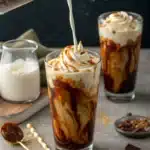 Iced caramel hazelnut coffee topped with whipped cream and drizzle