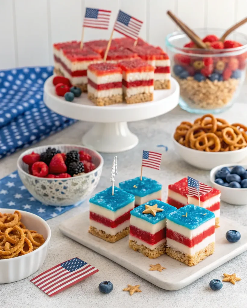 Layered red, white, and blue no-bake Jello cheesecake bars topped with patriotic flags—perfect for Easy No-Bake Patriotic Desserts.