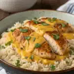 Sliced chicken breasts over creamy rice with cheddar sauce, topped with parsley.