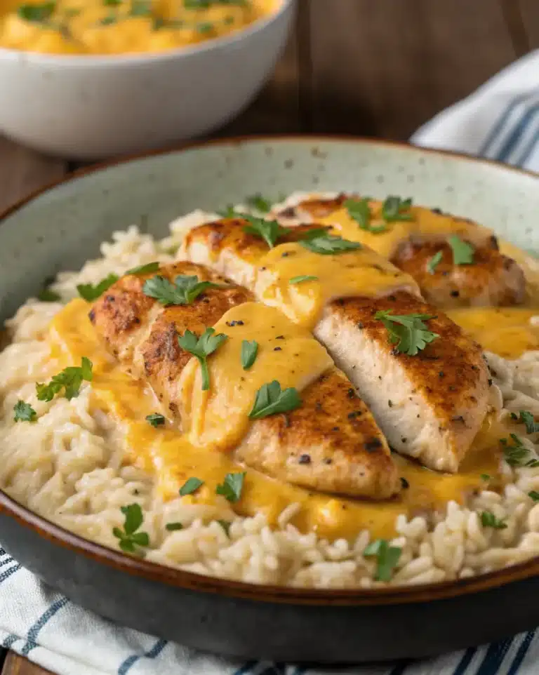 Sliced chicken breasts over creamy rice with cheddar sauce, topped with parsley.