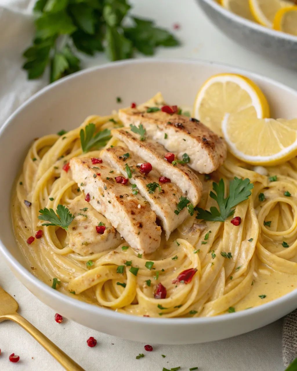 Creamy cowboy butter chicken linguine topped with seared chicken, parsley, and lemon slices