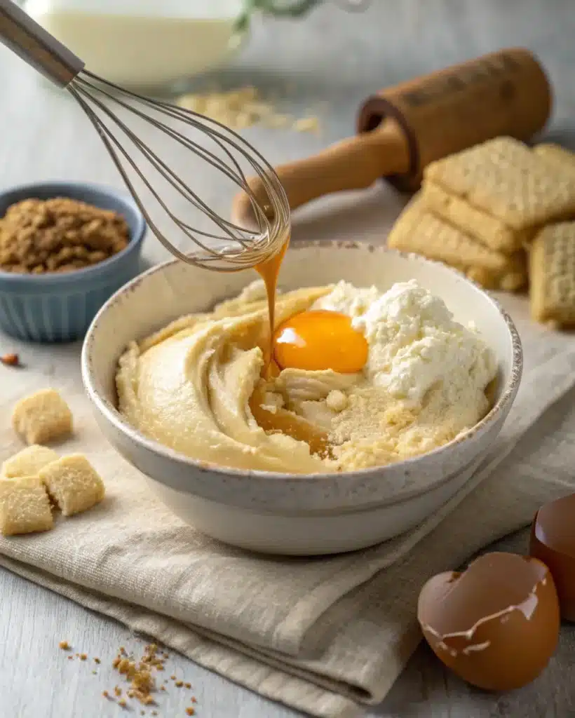 Whisk mixing egg into cookie dough for s'mores pizza crust