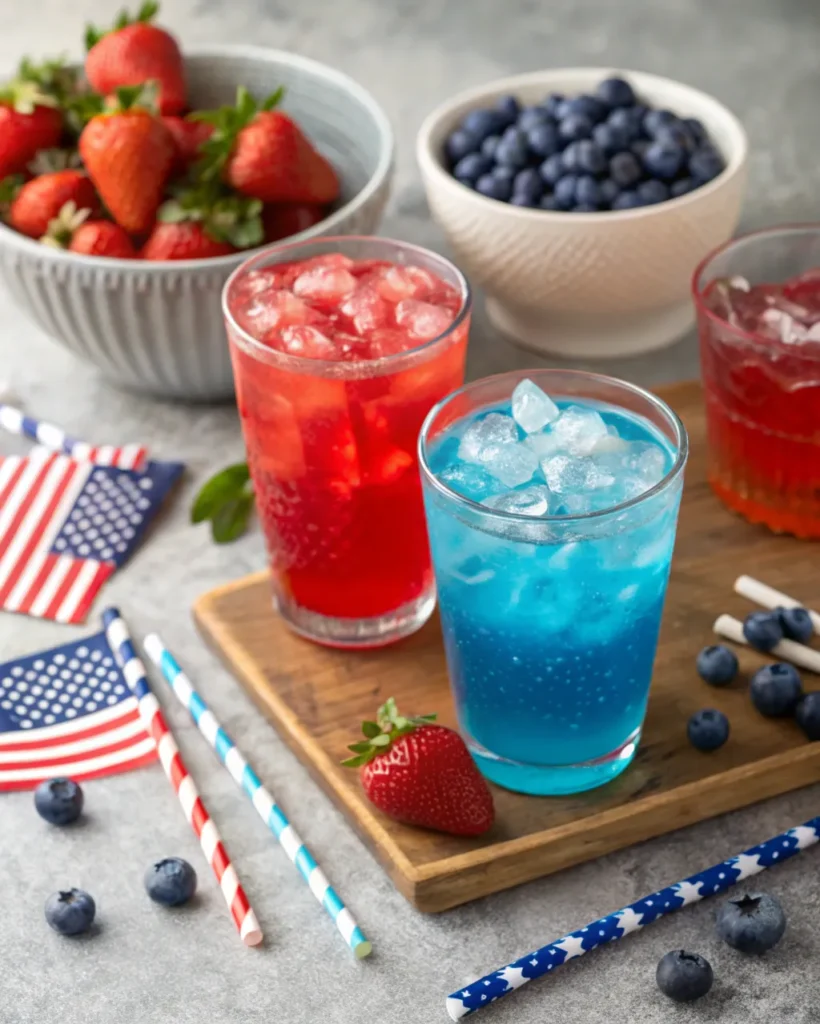 Red and blue drinks with ice surrounded by berries and patriotic straws