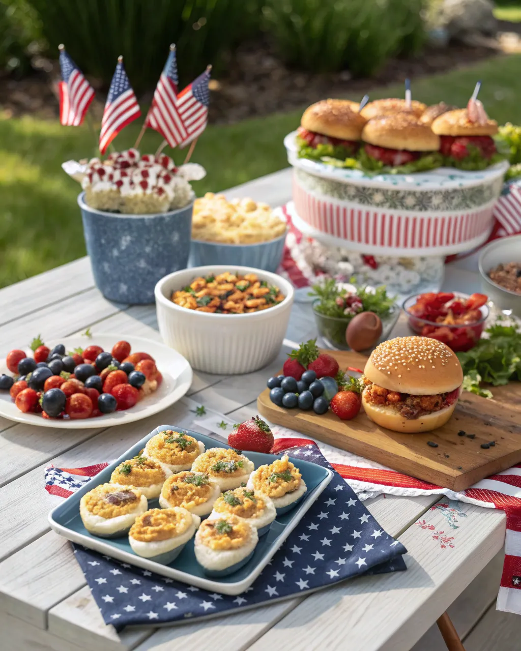 Festive 4th of July picnic table with make-ahead recipes, including deviled eggs, sliders, and fruit skewers.