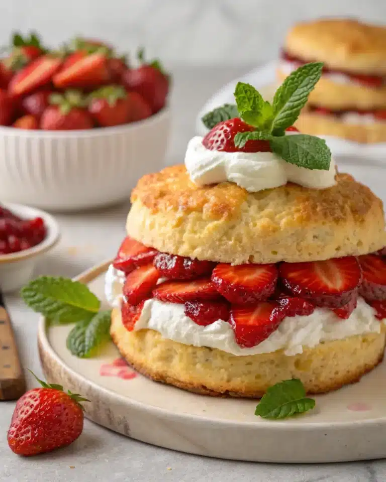 Classic strawberry shortcake with fresh strawberries and whipped cream on a biscuit-style base.