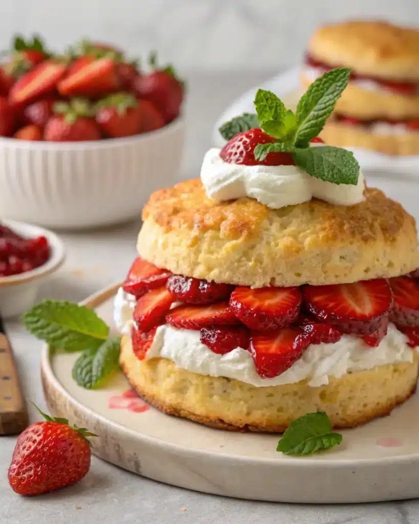 Classic strawberry shortcake with fresh strawberries and whipped cream on a biscuit-style base.