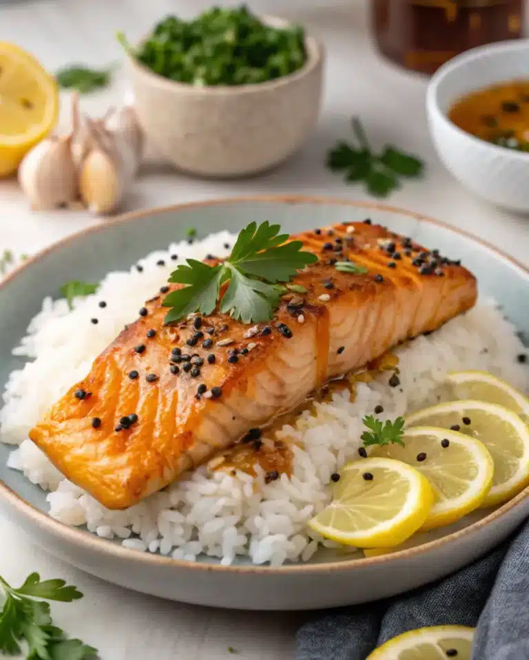 Cajun honey butter salmon fillet over white rice with lemon slices and parsley.