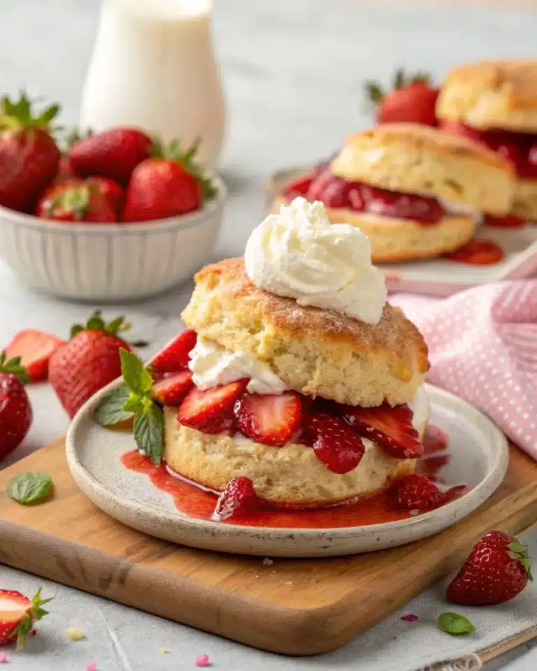 Strawberry shortcake with whipped cream and fresh mint on plate