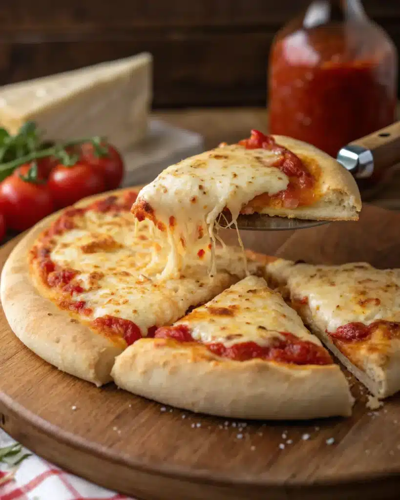 Cheesy pizza slice with puffy, chewy crust and crispy golden edge