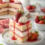 Slice of strawberry shortcake layer cake with cream and syrup drizzle