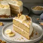 Slice of layered banana cake with cream cheese frosting, walnuts, and banana slices.