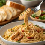 Creamy cowboy butter chicken linguine topped with seared chicken, parsley, and lemon slices