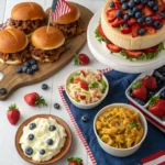 4th of July make-ahead meal with BBQ sliders, mac and cheese, fruit, and berry-topped cheesecake.