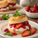 Individual strawberry shortcake with whipped cream and sliced berries on a biscuit.