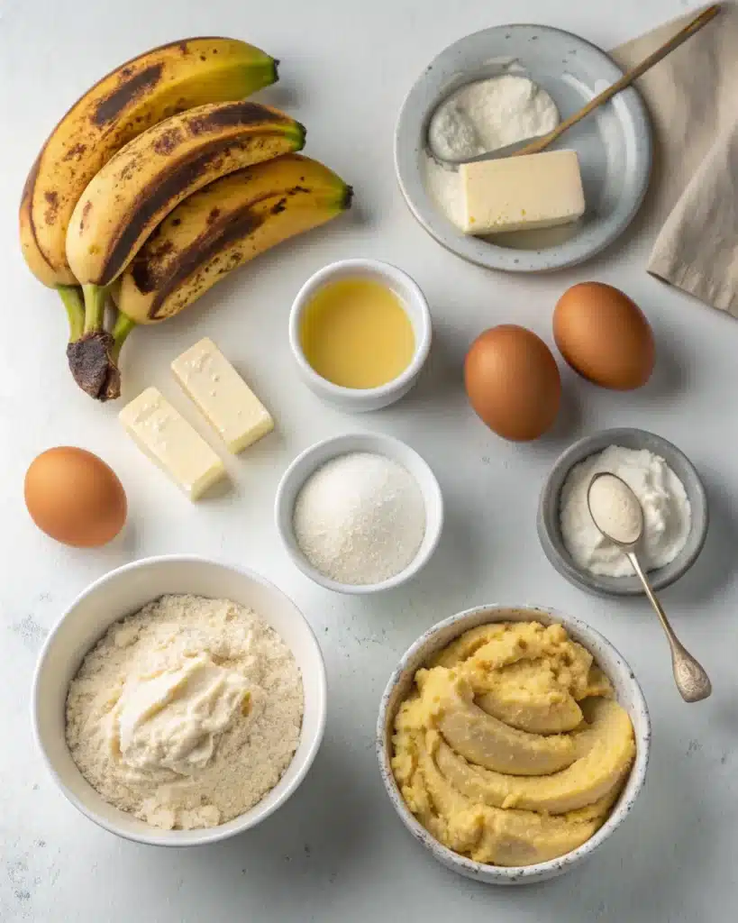 Banana cake ingredients including ripe bananas, eggs, butter, flour, and sugar.