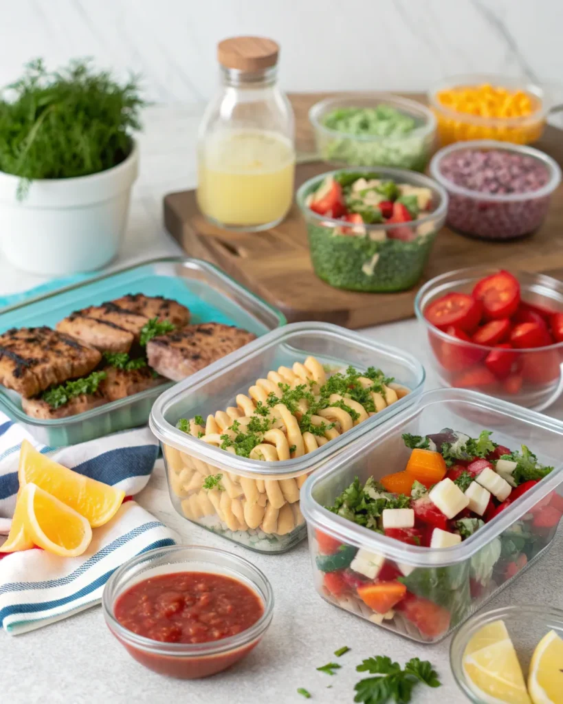 Prepped make-ahead 4th of July foods in containers, including grilled steak, pasta salad, and chopped veggies.