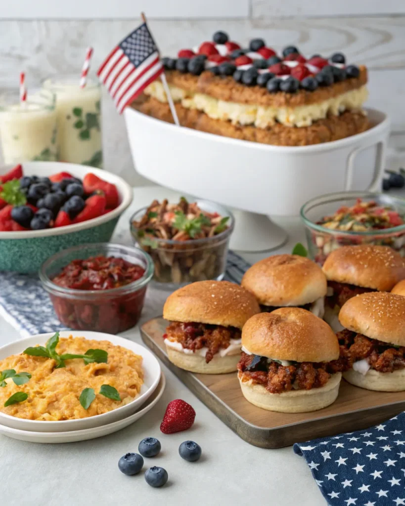 Make-ahead 4th of July food recipes idea: a complete 4th of July make-ahead meal featuring sliders, baked mac and cheese, fresh fruit salad, and a patriotic flag cake.