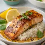 Cajun honey butter salmon served over white rice with sauce, lemon, and fresh herbs.