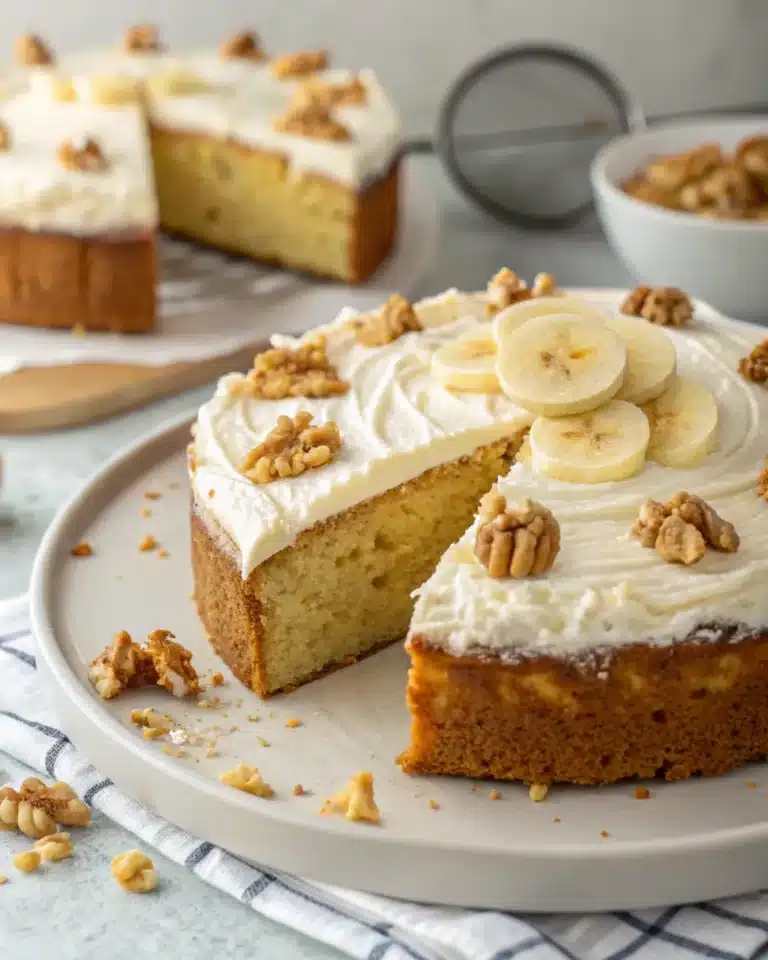 Moist banana cake topped with cream cheese frosting, banana slices, and walnuts.