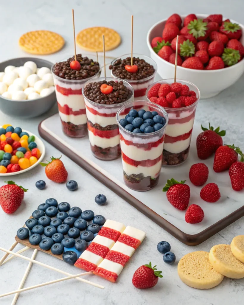Red, white, and blue no-bake parfaits with berries and American flag candy skewers