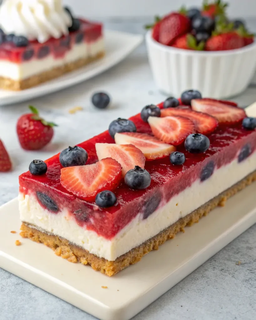 Summer Berry Jello Lasagna – A red Jello layer dessert made with blueberries, strawberries, cream cheese, and a buttery cookie crust.